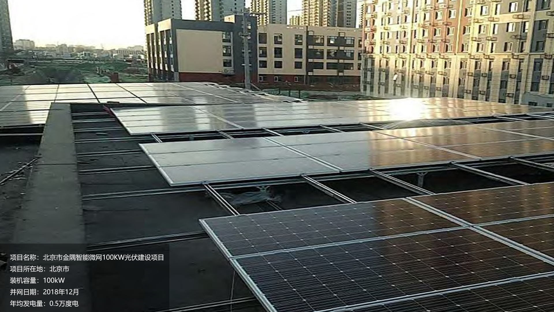 金隅智能微网项目总装机容量100KW，项目位于北京市，于2018年12月并网发电，年均发电量约0.5万度。